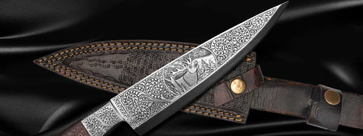 intricate custom engraved knife design with image of deer