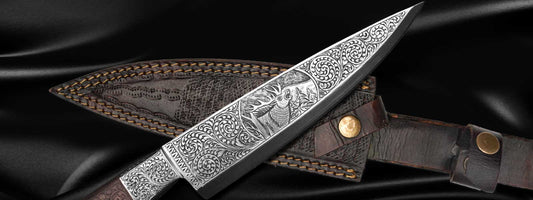 intricate custom engraved knife design with image of deer