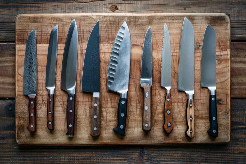 A collection of high-quality kitchen knives arranged on a wooden cutting board in a well-lit kitchen