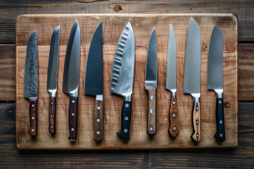 A collection of high-quality kitchen knives arranged on a wooden cutting board in a well-lit kitchen