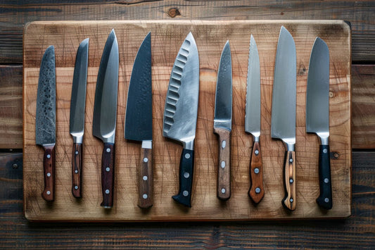 A collection of high-quality kitchen knives arranged on a wooden cutting board in a well-lit kitchen